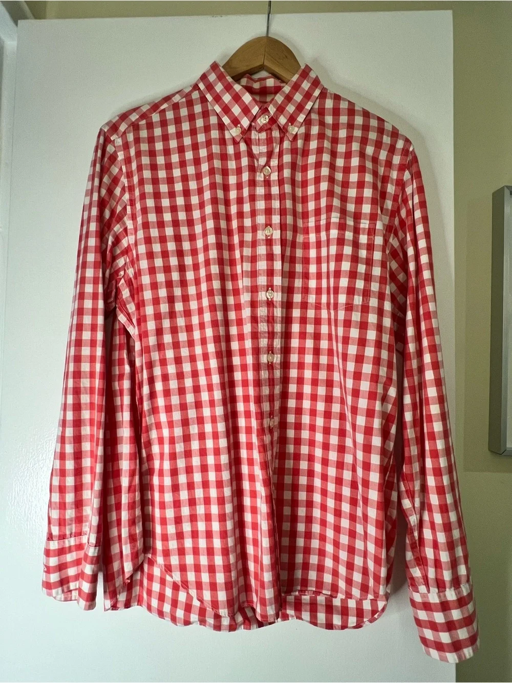J. Crew Red & White Gingham Button-Down Shirt, like new. Medium. 100% cotton.